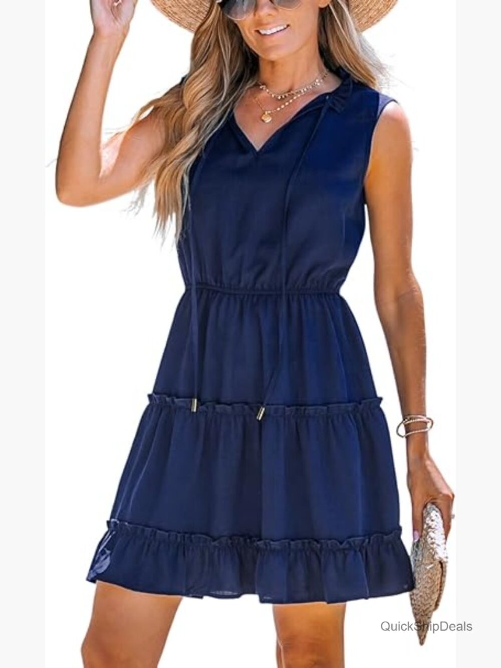 Tie Neck Sleeveless Tiered Ruffle A-Line Tunic Mini Dress
